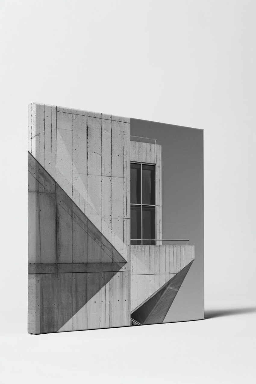 Schwarz-Weiß Poster einer modernen Betonfassade mit klaren Linien, Fenstern und Schatten, minimalistischer Architektur Kunstdruck