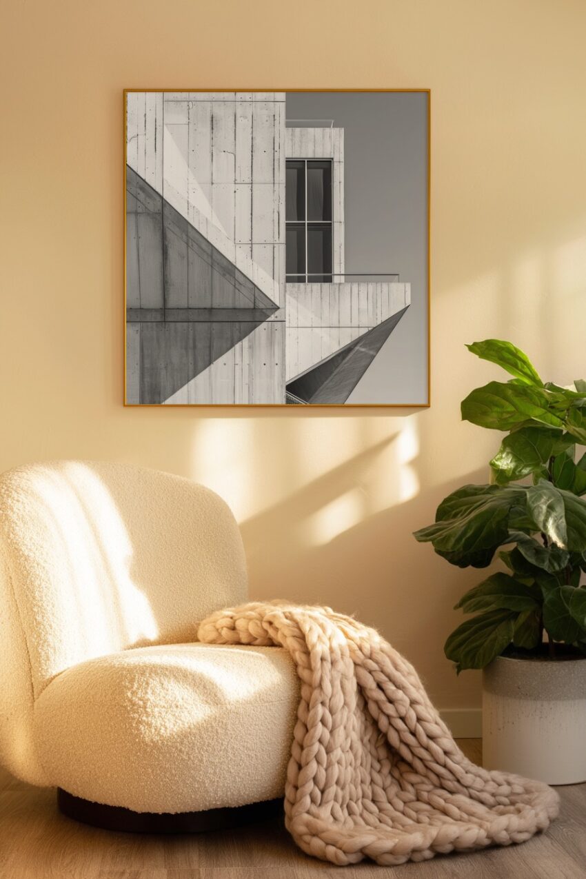 Schwarz-Weiß Poster einer modernen Betonfassade mit klaren Linien, Fenstern und Schatten, minimalistischer Architektur Kunstdruck