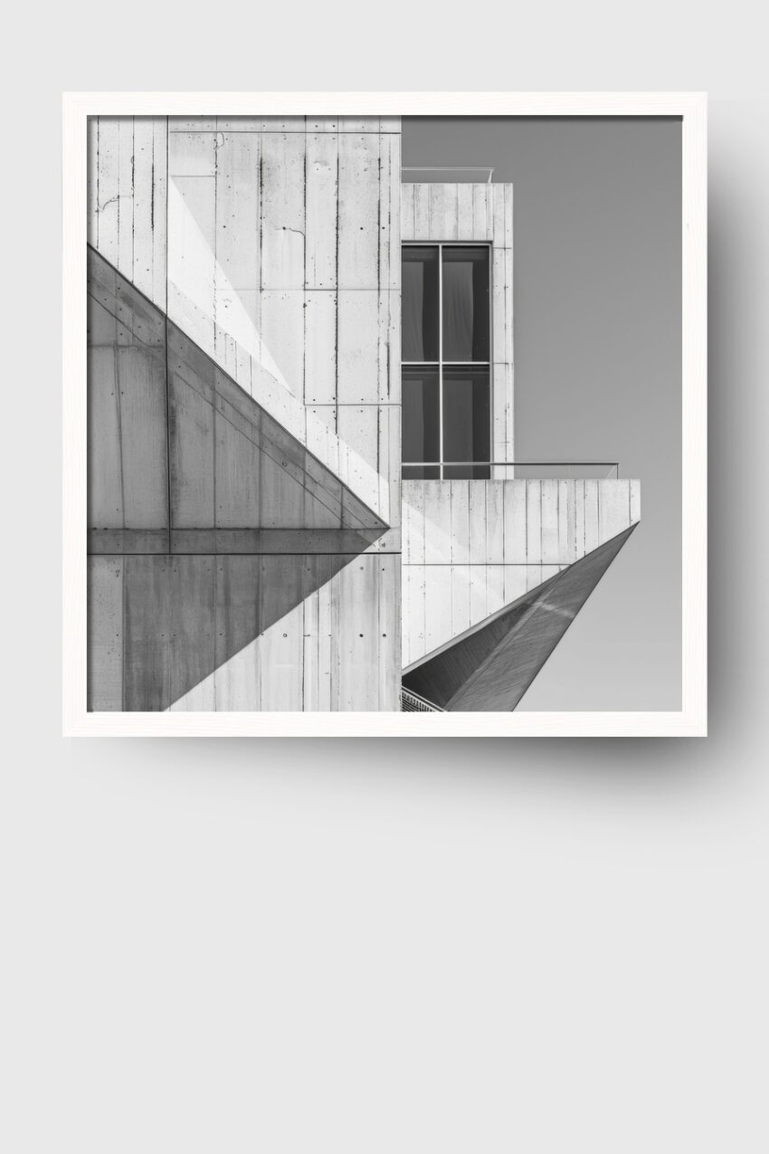 Schwarz-Weiß Poster einer modernen Betonfassade mit klaren Linien, Fenstern und Schatten, minimalistischer Architektur Kunstdruck