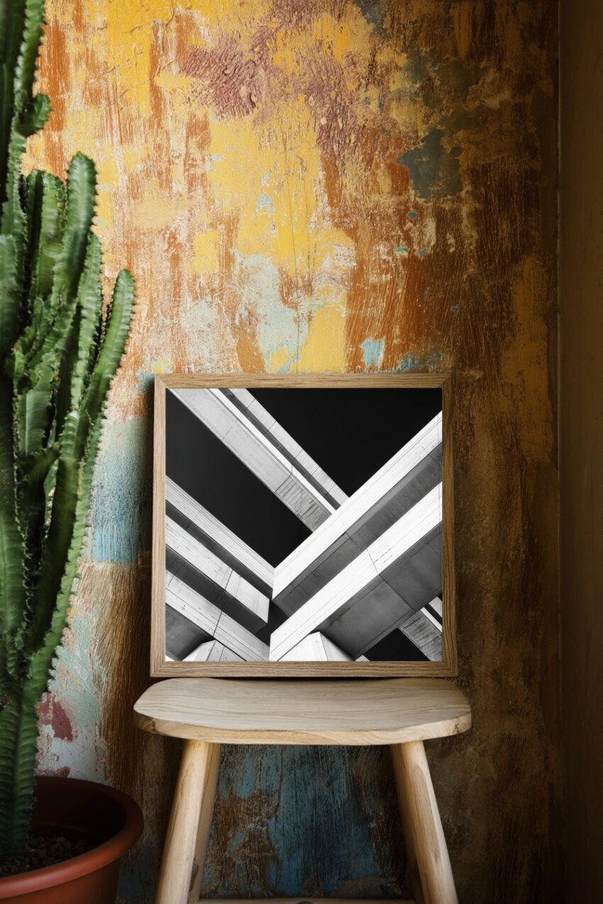 Schwarz-weiß Poster mit abstrakter Betonbrückenstruktur und klaren Linien, moderner architektonischer Kunstdruck