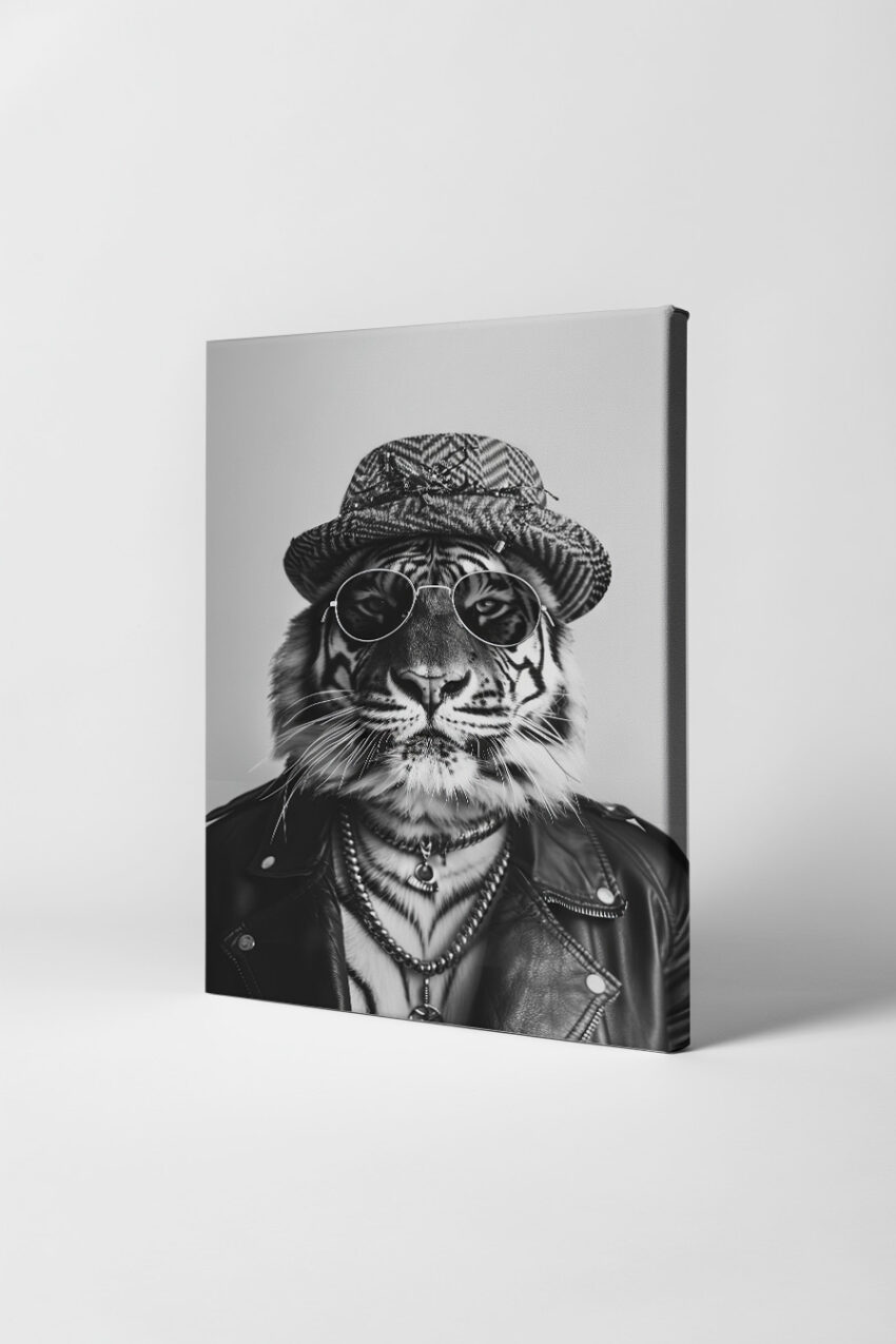 Schwarz-weiß Poster mit Tigerportrait in Sonnenbrille und Hut, modebewusst und ruhig, moderner Kunstdruck