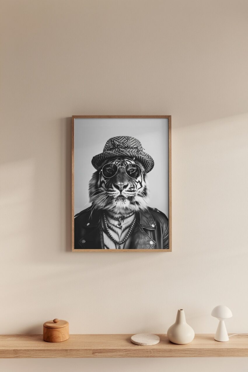 Schwarz-weiß Poster mit Tigerportrait in Sonnenbrille und Hut, modebewusst und ruhig, moderner Kunstdruck