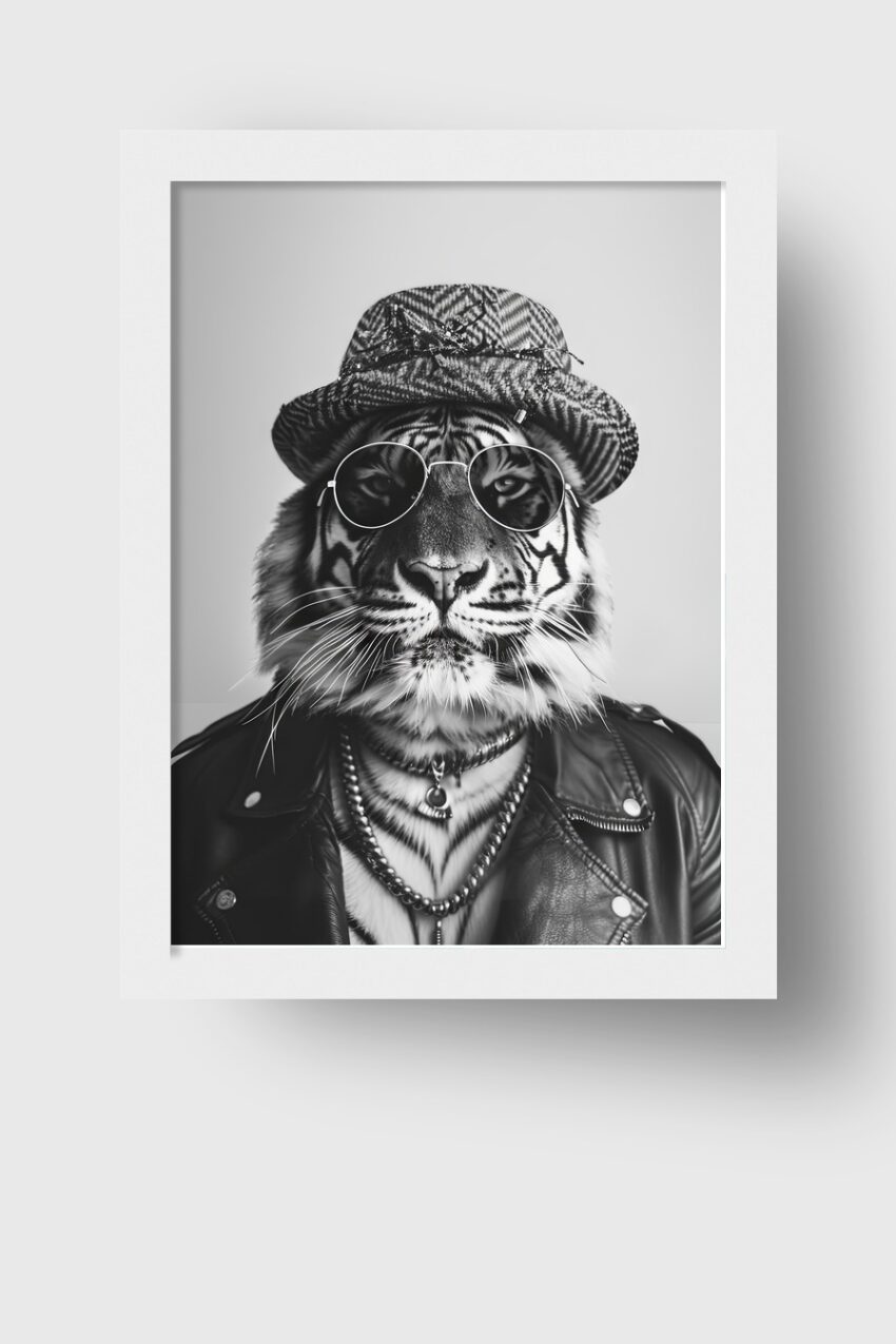 Schwarz-weiß Poster mit Tigerportrait in Sonnenbrille und Hut, modebewusst und ruhig, moderner Kunstdruck