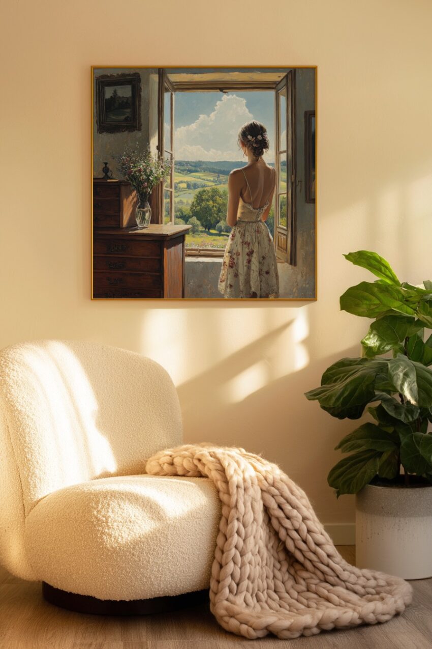 Poster mit einer jungen Frau im Kleid, die aus einem offenen Fenster auf eine grüne Hügellandschaft und blauen Himmel mit Wolken blickt, natürlicher Kunstdruck sommerlicher Szene