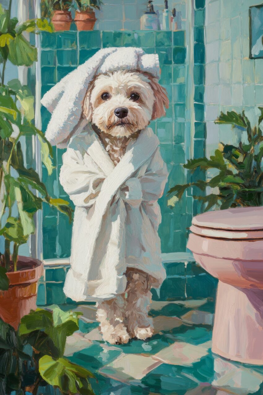 Poster mit einem kleinen Hund im Bademantel und Handtuch auf dem Kopf vor türkisfarbenen Fliesen im Badezimmer, freundlicher Tierportrait-Kunstdruck