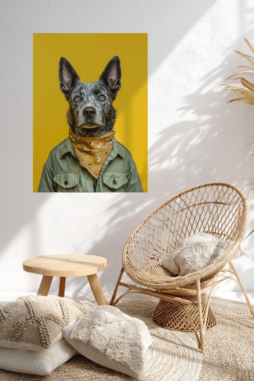 Poster mit Hundeporträt vor gelbem Hintergrund, dekorativer Kunstdruck mit Halstuch