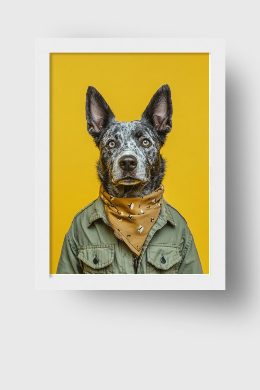 Poster mit Hundeporträt vor gelbem Hintergrund, dekorativer Kunstdruck mit Halstuch