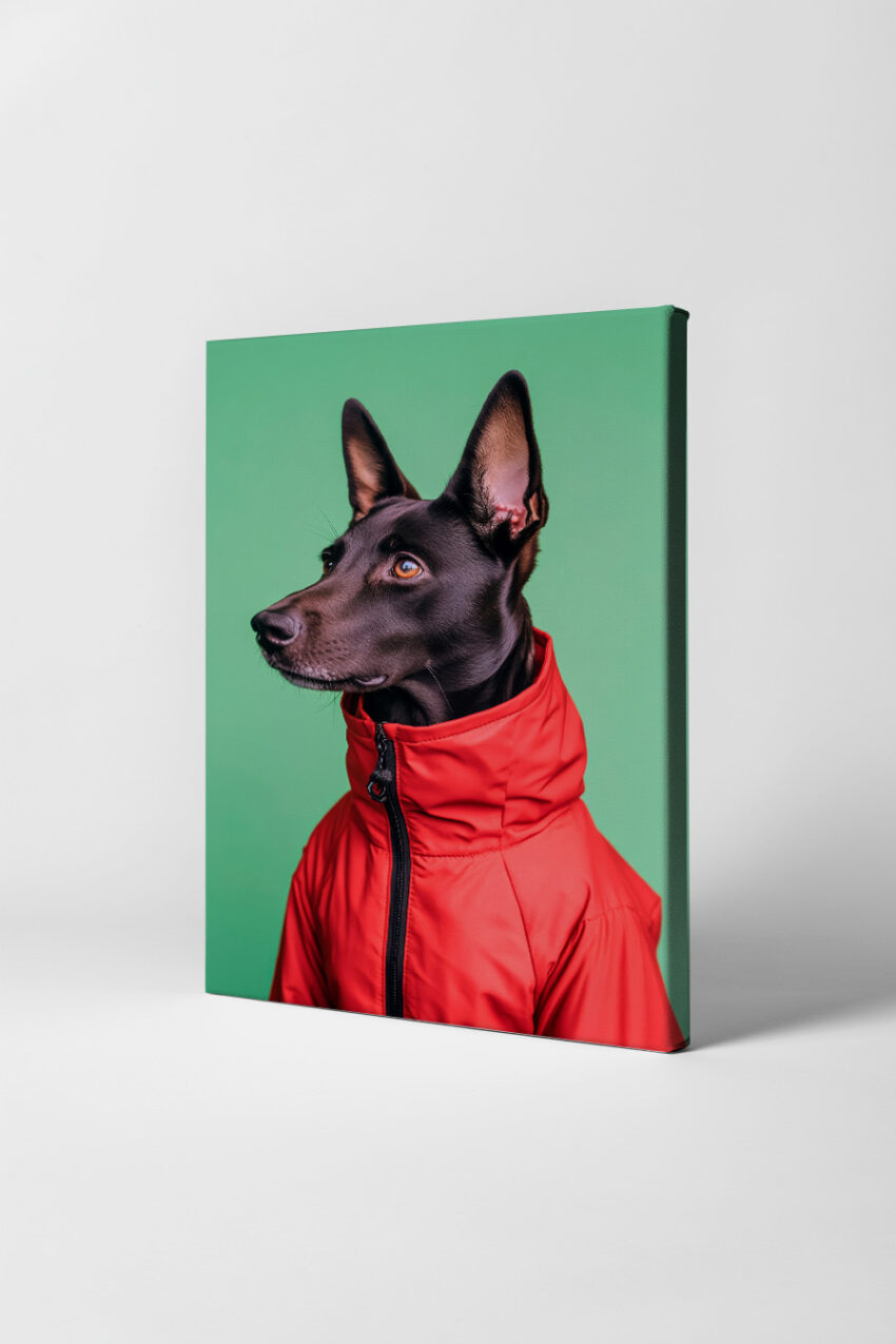 Poster mit schwarzem Hund im roten Mantel vor grünem Hintergrund, detailreiches Tierportrait, ruhige Atmosphäre