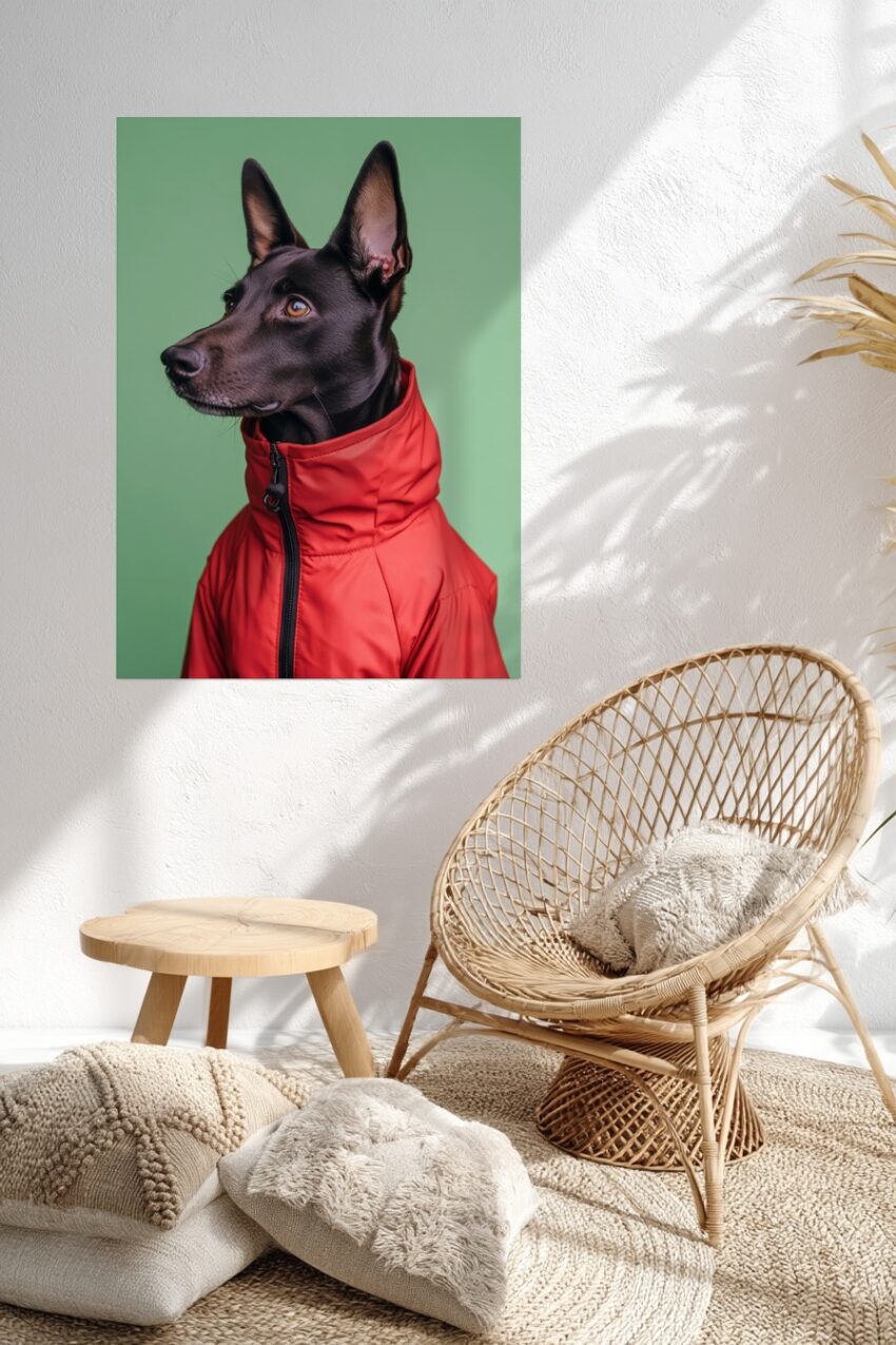 Poster mit schwarzem Hund im roten Mantel vor grünem Hintergrund, detailreiches Tierportrait, ruhige Atmosphäre