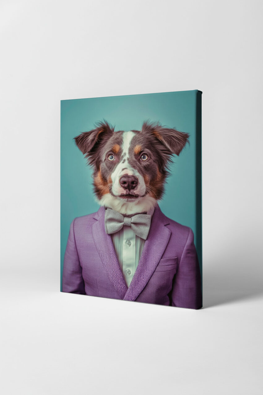 Poster eines Hundes mit lila Anzug und grauer Fliege vor türkisem Hintergrund, Porträtfotografie mit klarem Fokus und natürlicher Ausstrahlung