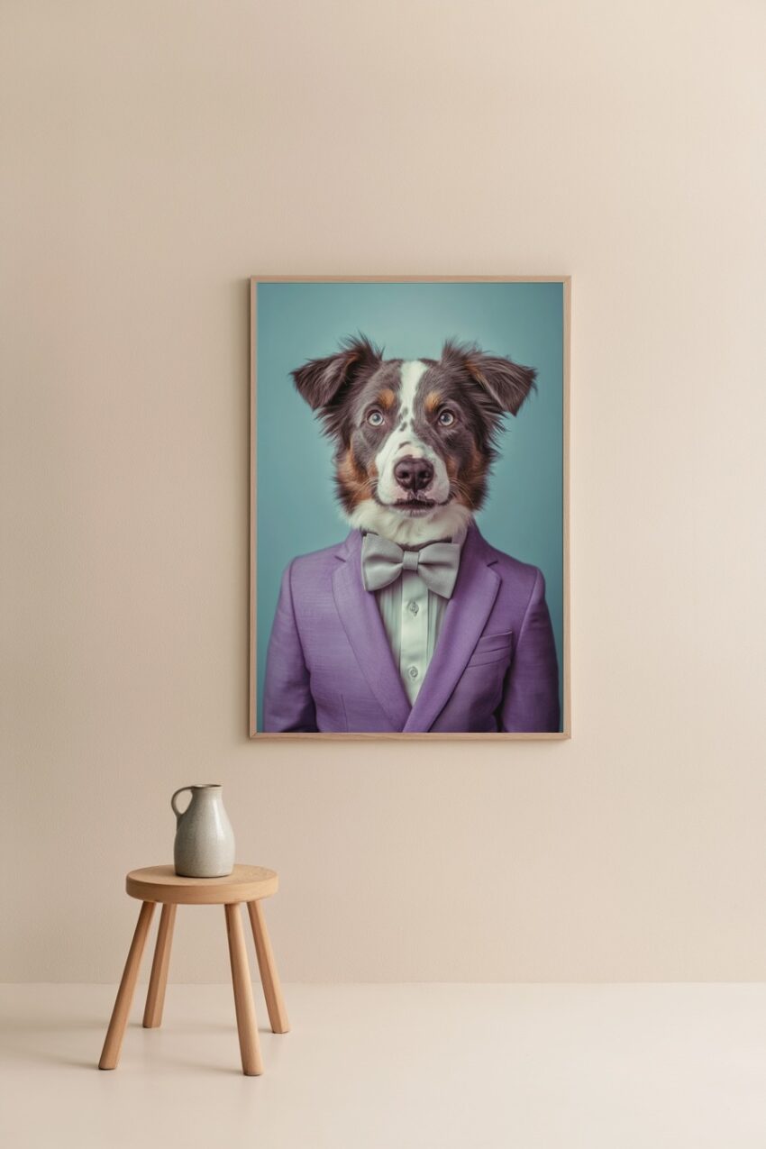 Poster eines Hundes mit lila Anzug und grauer Fliege vor türkisem Hintergrund, Porträtfotografie mit klarem Fokus und natürlicher Ausstrahlung