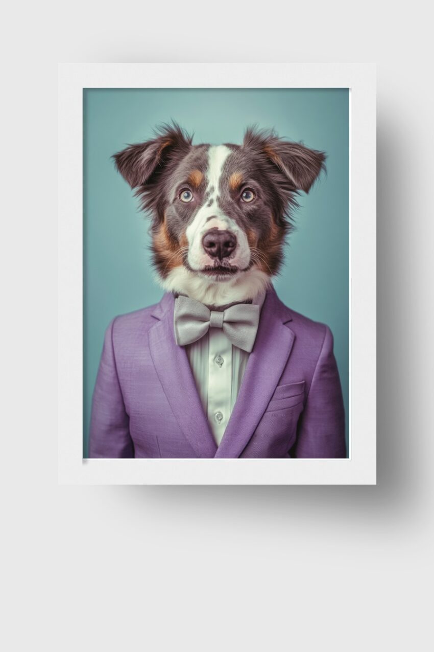 Poster eines Hundes mit lila Anzug und grauer Fliege vor türkisem Hintergrund, Porträtfotografie mit klarem Fokus und natürlicher Ausstrahlung