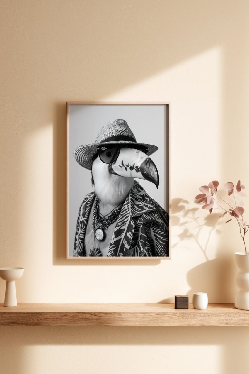 Schwarz-weiß Poster eines Tukanvogels mit Strohhut und Sonnenbrille, stilisierter Tierportrait-Kunstdruck in monochromen Tönen