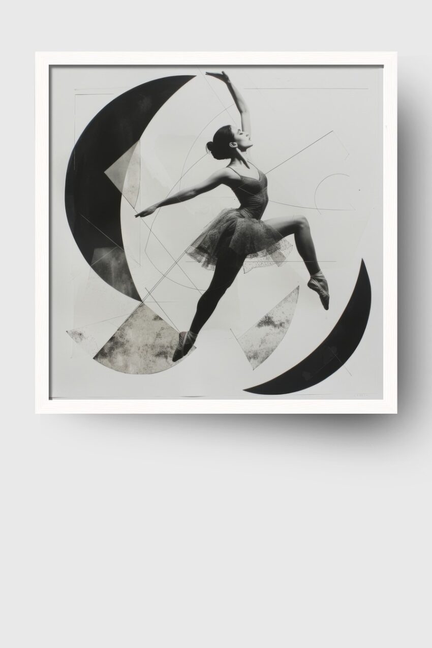 Schwarz-Weiß Poster einer Balletttänzerin im Sprung mit geometrischen Formen, eleganter Kunstdruck in monochromer Darstellung