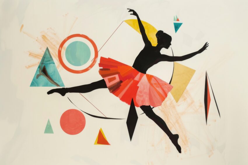 Poster mit schwarzer Silhouette einer Tänzerin im roten Tüllrock vor geometrischen Formen, moderner künstlerischer Kunstdruck