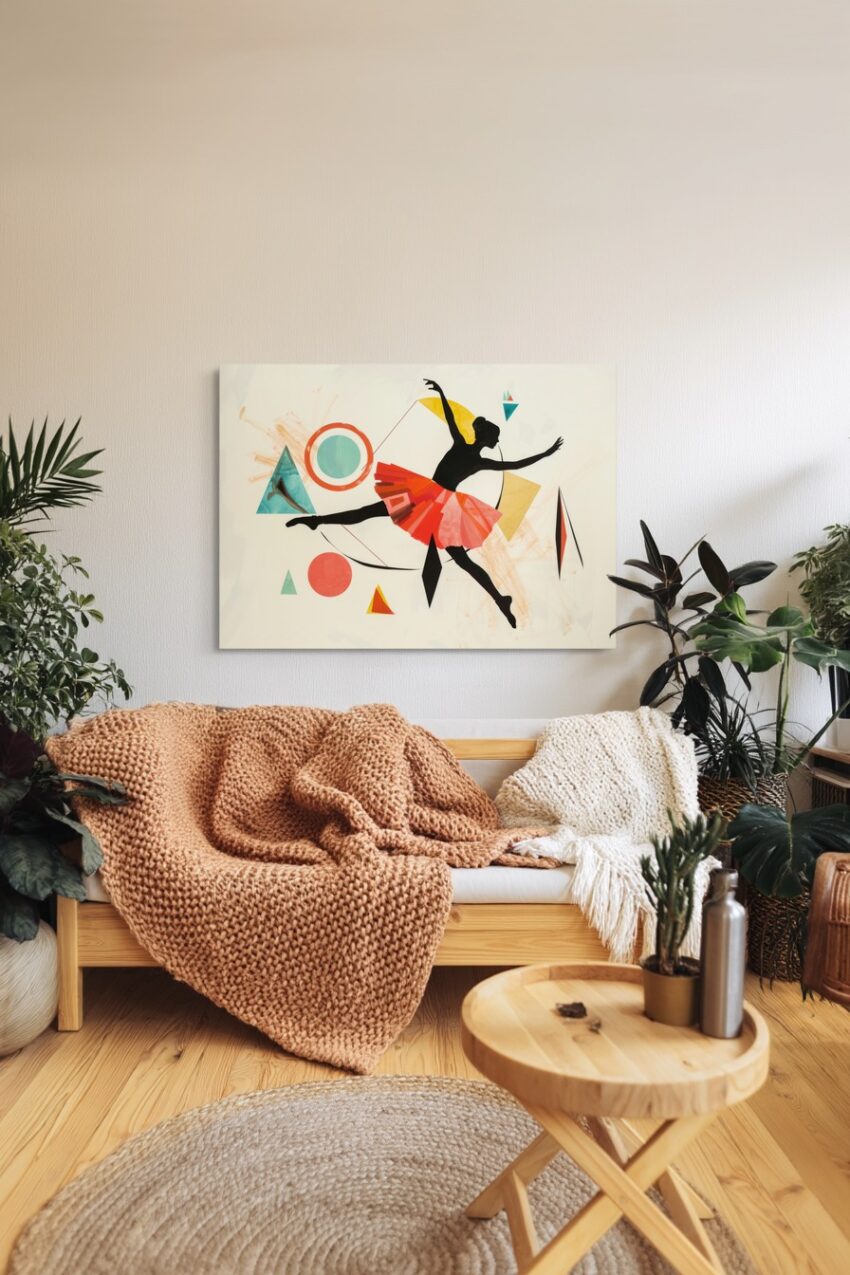 Poster mit schwarzer Silhouette einer Tänzerin im roten Tüllrock vor geometrischen Formen, moderner künstlerischer Kunstdruck