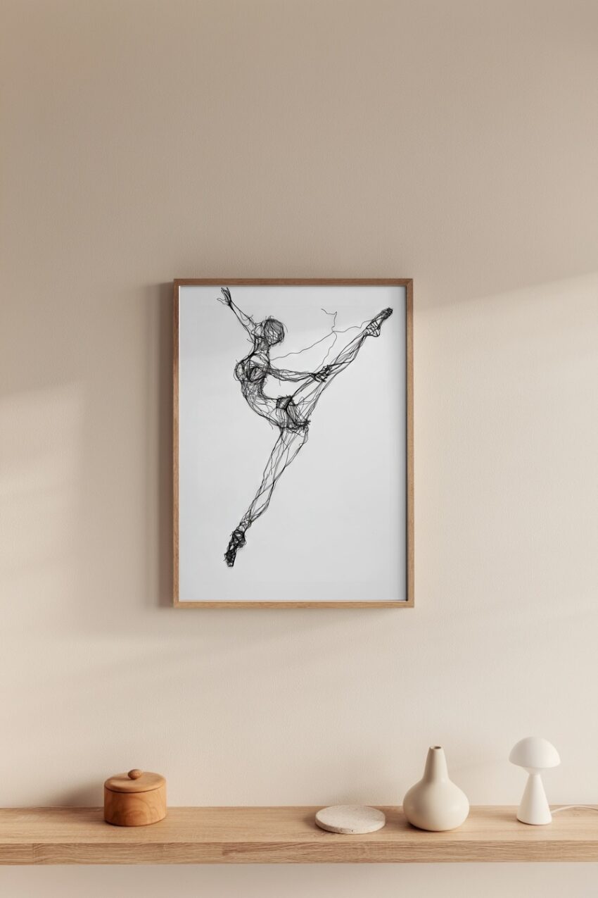 Poster mit Drahtskulptur einer tanzenden Frau in dynamischer Sprungpose, Schwarz-Weiß Motiv, moderner Kunstdruck