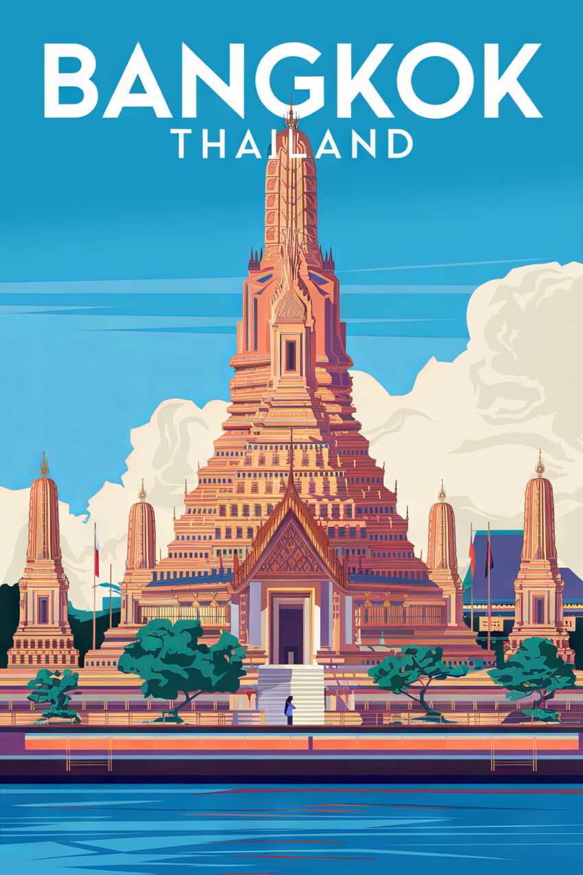 Poster mit digitaler Illustration des Tempels Wat Arun in Bangkok, Thailand, vor blauem Himmel und Wasser, moderner grafischer Stil