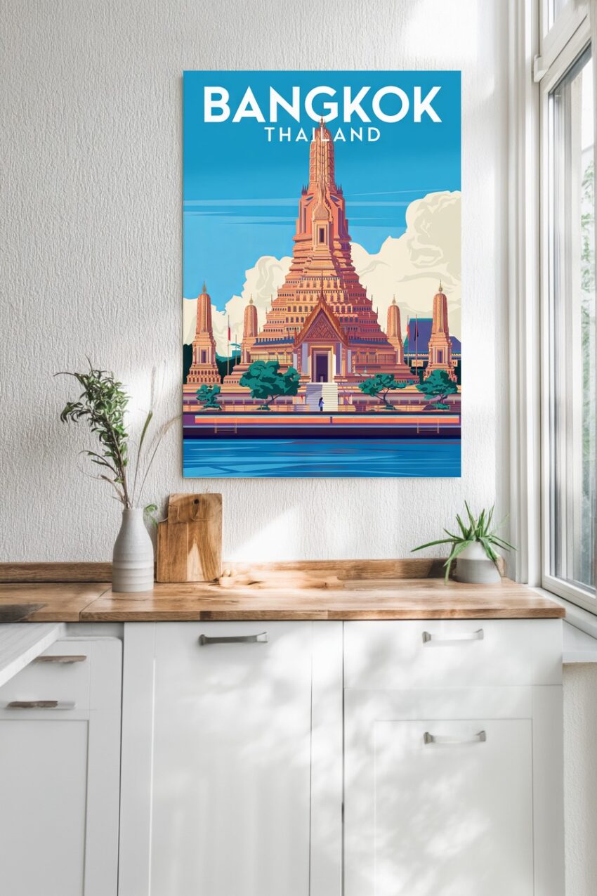 Poster mit digitaler Illustration des Tempels Wat Arun in Bangkok, Thailand, vor blauem Himmel und Wasser, moderner grafischer Stil