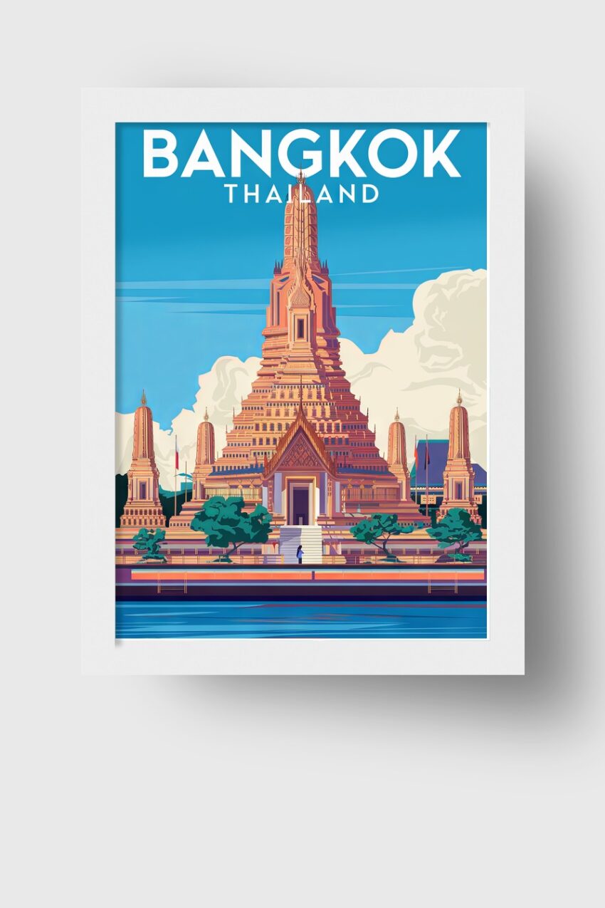 Poster mit digitaler Illustration des Tempels Wat Arun in Bangkok, Thailand, vor blauem Himmel und Wasser, moderner grafischer Stil