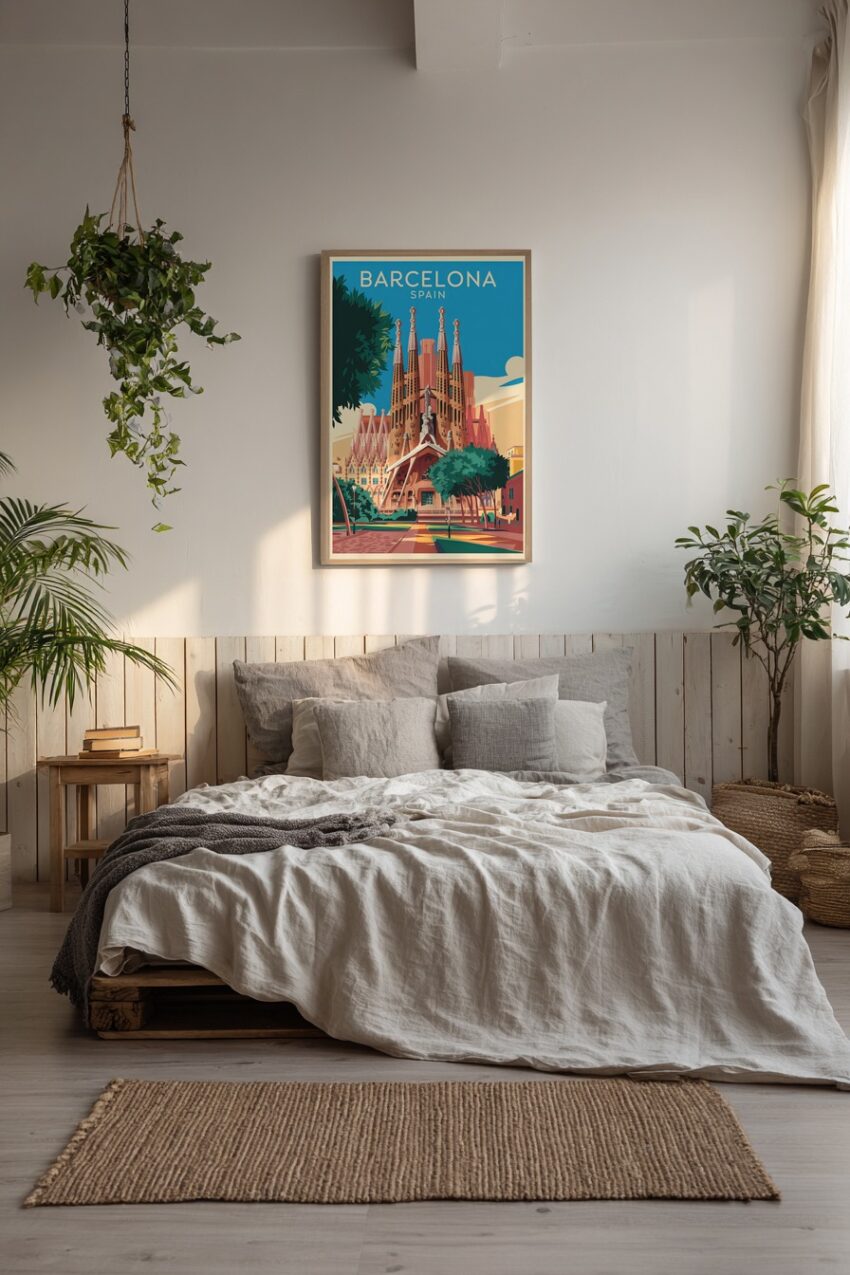Poster mit Sagrada Familia in Barcelona, Illustration des berühmten Gaudi-Bauwerks bei klarem Himmel in warmen Farbtönen
