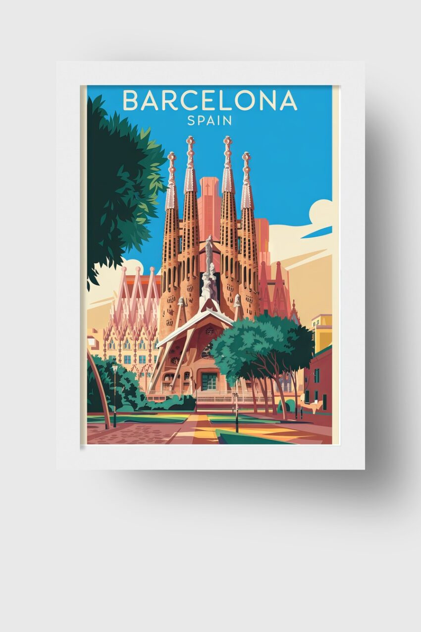 Poster mit Sagrada Familia in Barcelona, Illustration des berühmten Gaudi-Bauwerks bei klarem Himmel in warmen Farbtönen
