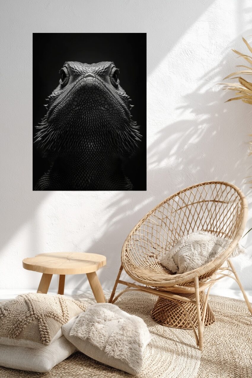 Schwarz-weiß Poster mit Nahaufnahme des Kopfes einer Bartagame, feine Schuppenstrukturen und markanter Blick, reptilisches Tierportrait
