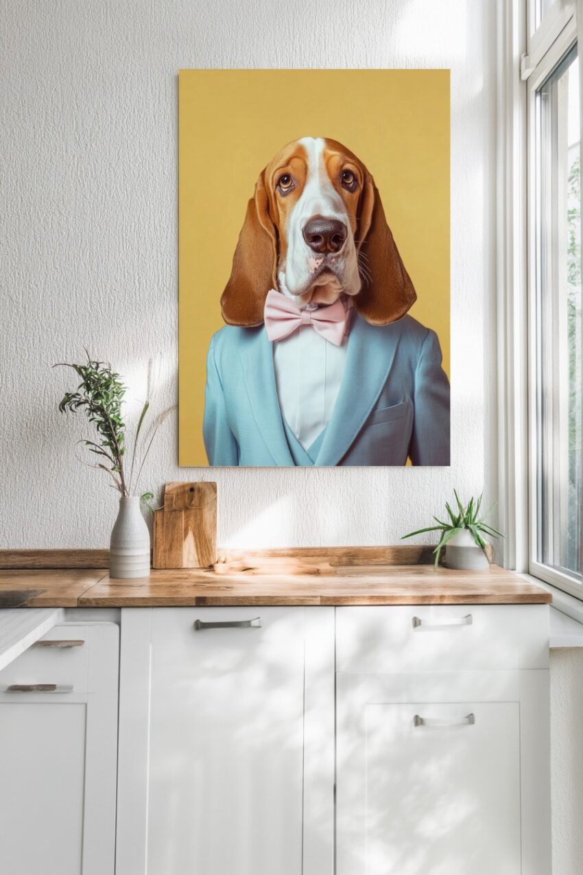 Poster mit Basset Hound im blauen Anzug und rosa Fliege, detailreiche Fotografie, ruhige Farbtöne