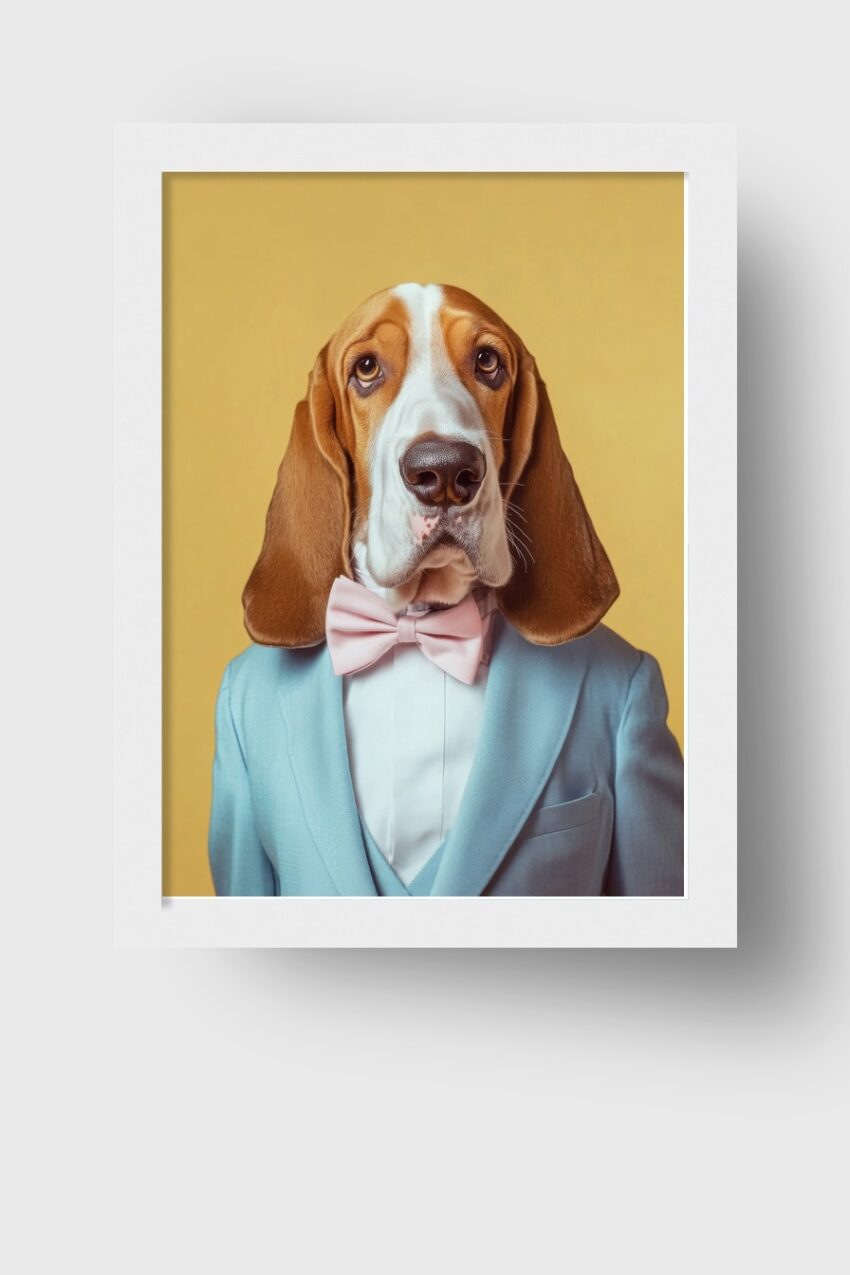 Poster mit Basset Hound im blauen Anzug und rosa Fliege, detailreiche Fotografie, ruhige Farbtöne