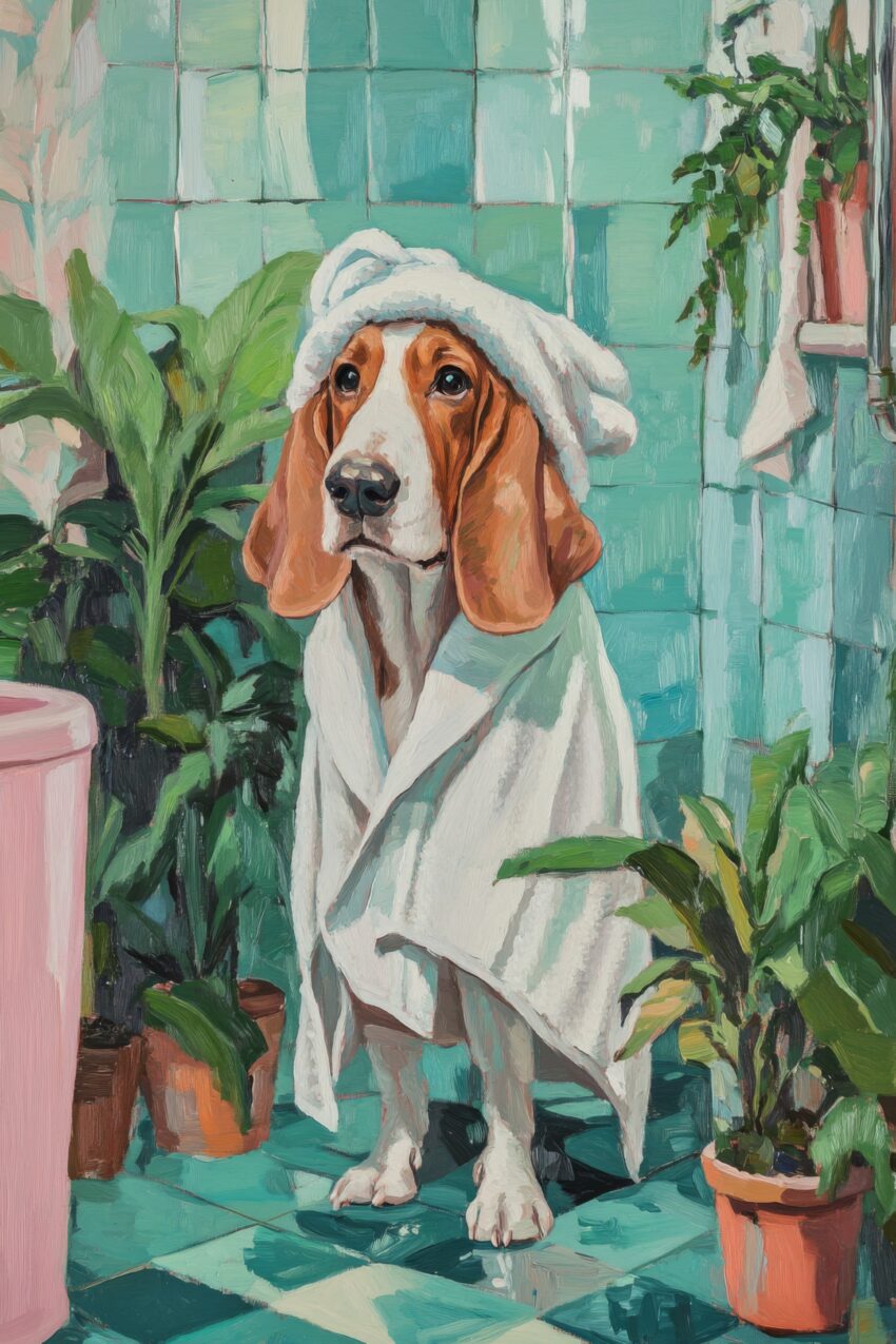 Kunstdruck mit Basset Hound im Badezimmer, eingehüllt in weißes Handtuch, vor blau-grüner Fliesenwand und Pflanzen in Behältern