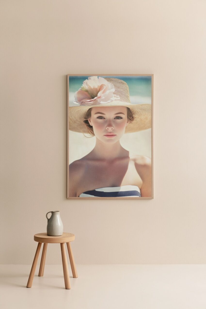 Portrait Poster einer jungen Frau mit großem Strohhut und Blume, sanfte Hauttöne in natürlichem Licht