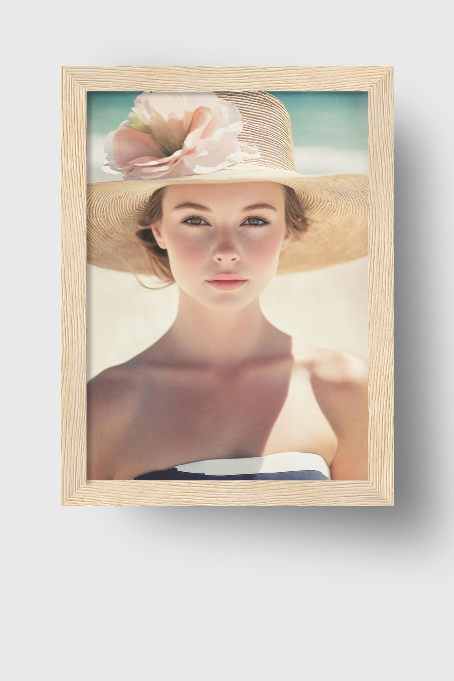 Portrait Poster einer jungen Frau mit großem Strohhut und Blume, sanfte Hauttöne in natürlichem Licht