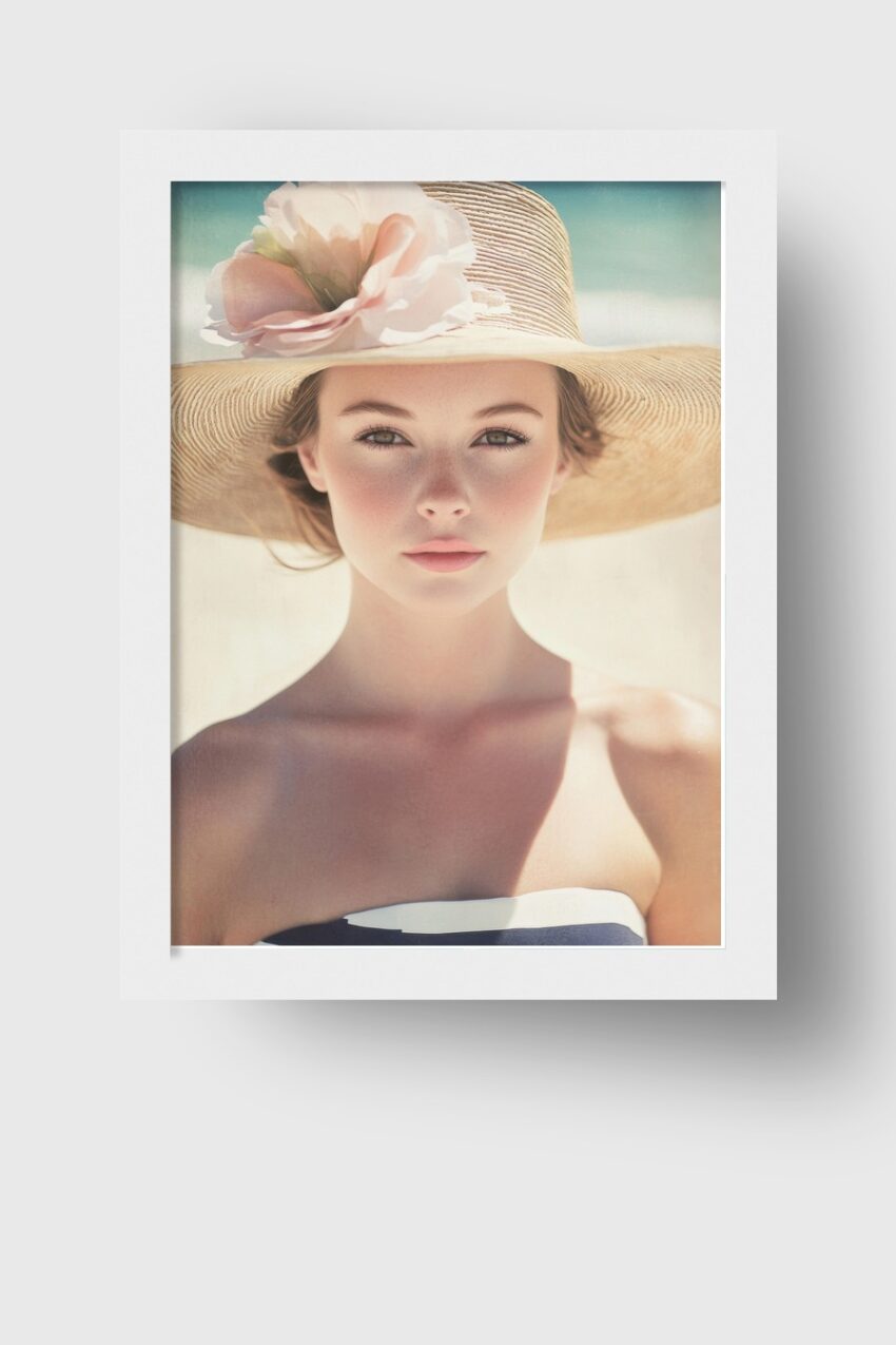 Portrait Poster einer jungen Frau mit großem Strohhut und Blume, sanfte Hauttöne in natürlichem Licht