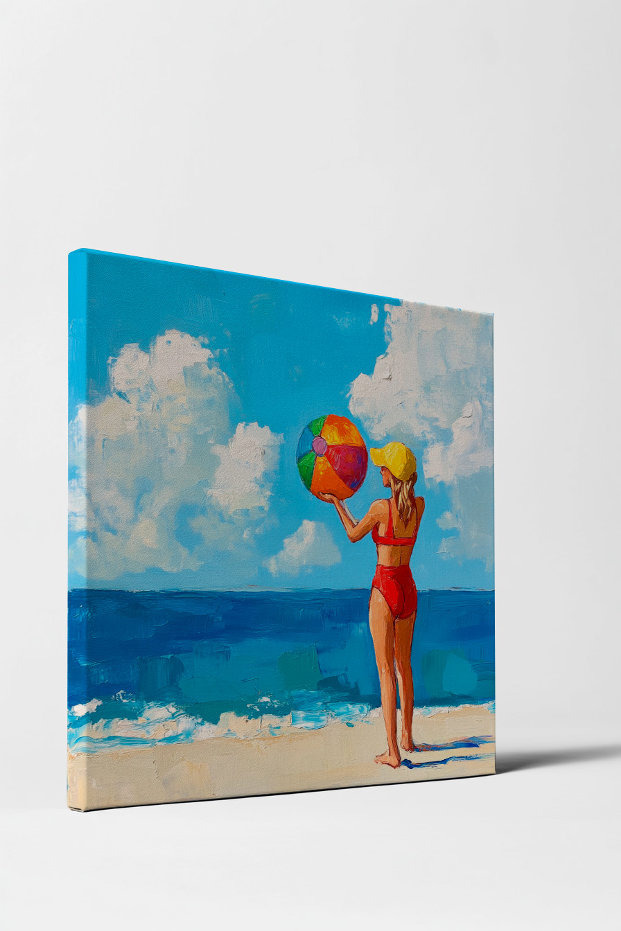 Poster mit Mädchen im roten Badeanzug und gelber Kappe hält bunten Strandball am Meer, impressionistischer Sommer-Kunstdruck mit Blau- und Sandtönen