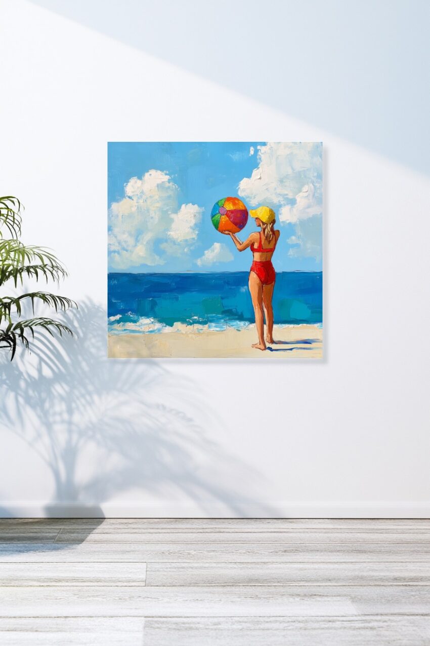 Poster mit Mädchen im roten Badeanzug und gelber Kappe hält bunten Strandball am Meer, impressionistischer Sommer-Kunstdruck mit Blau- und Sandtönen