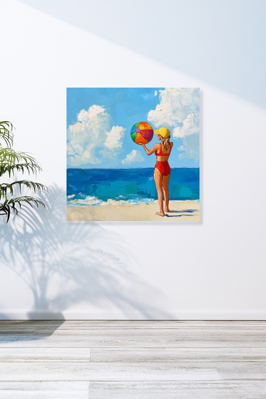 Poster mit Mädchen im roten Badeanzug und gelber Kappe hält bunten Strandball am Meer, impressionistischer Sommer-Kunstdruck mit Blau- und Sandtönen