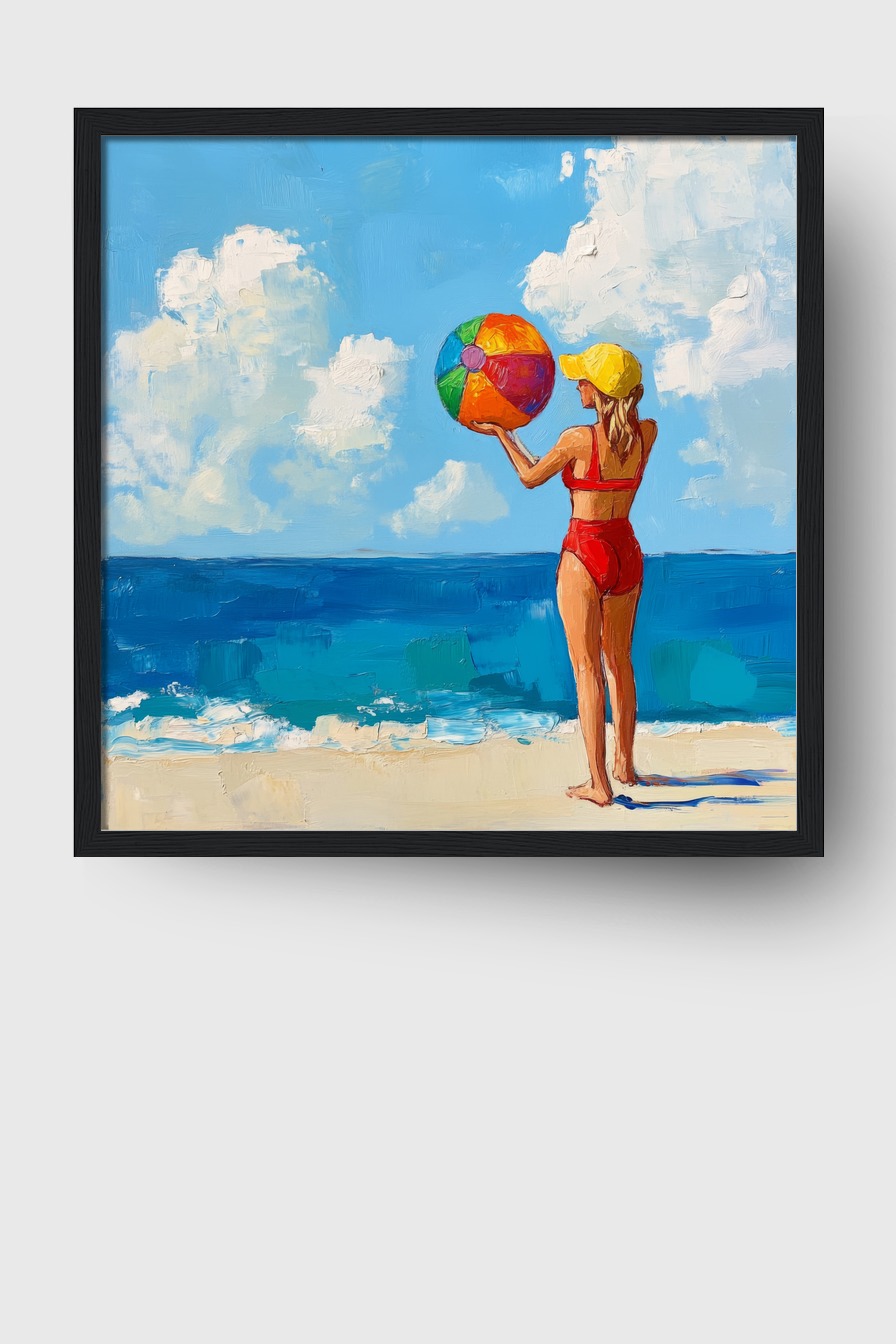 Poster mit Mädchen im roten Badeanzug und gelber Kappe hält bunten Strandball am Meer, impressionistischer Sommer-Kunstdruck mit Blau- und Sandtönen