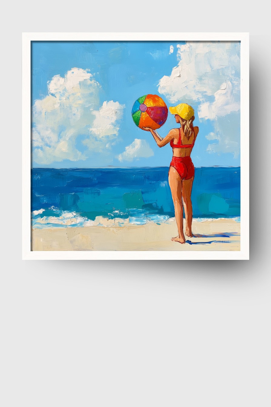 Poster mit Mädchen im roten Badeanzug und gelber Kappe hält bunten Strandball am Meer, impressionistischer Sommer-Kunstdruck mit Blau- und Sandtönen