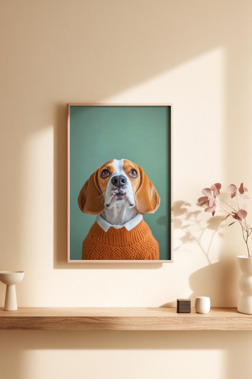 Poster mit Porträt eines Beagles in orangefarbenem Pullover vor grünem Hintergrund, Tierfotografie mit ruhiger Ausstrahlung