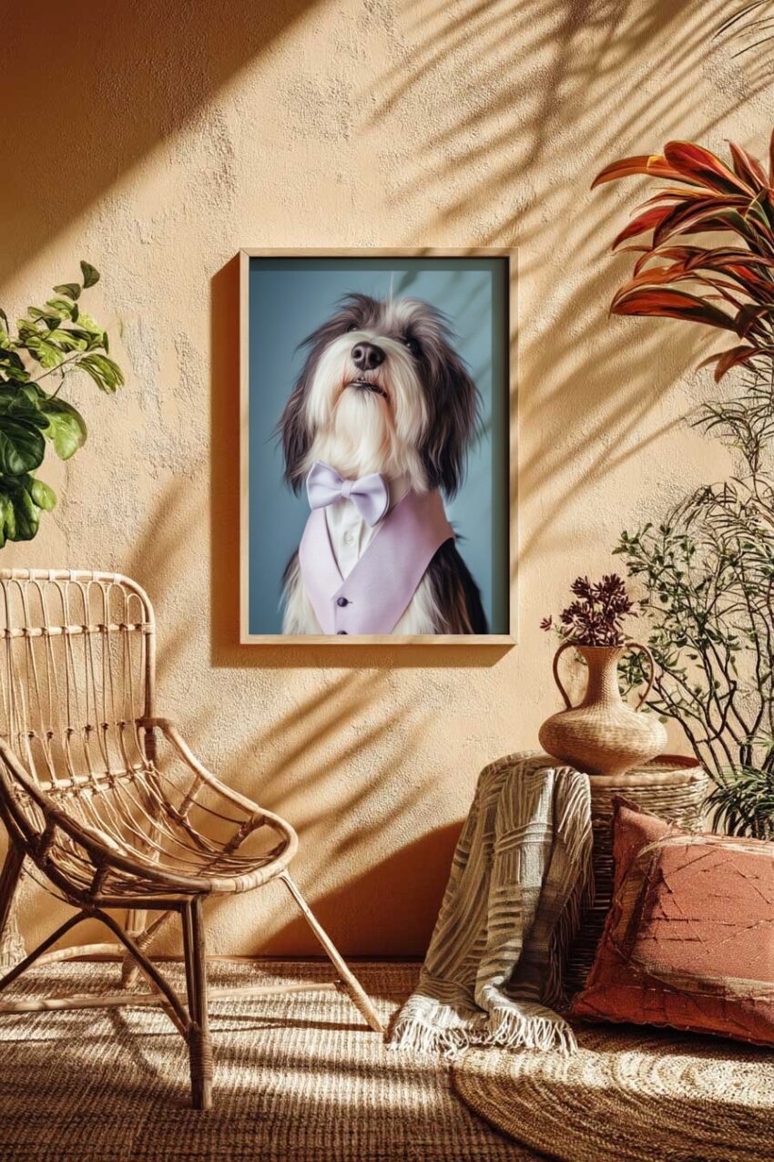 Poster mit Hund im Anzug und Fliege vor einfarbigem Hintergrund, stilvolles Tierporträt mit ruhiger Atmosphäre