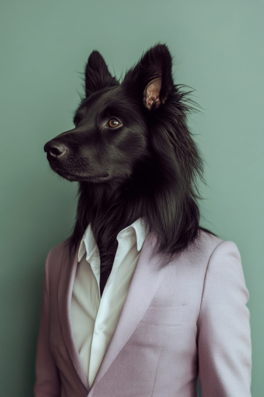 Fotografie eines schwarzhaarigen Hundes im pastellfarbenen Anzug auf beruhigendem Hintergrund, moderner Portrait Kunstdruck