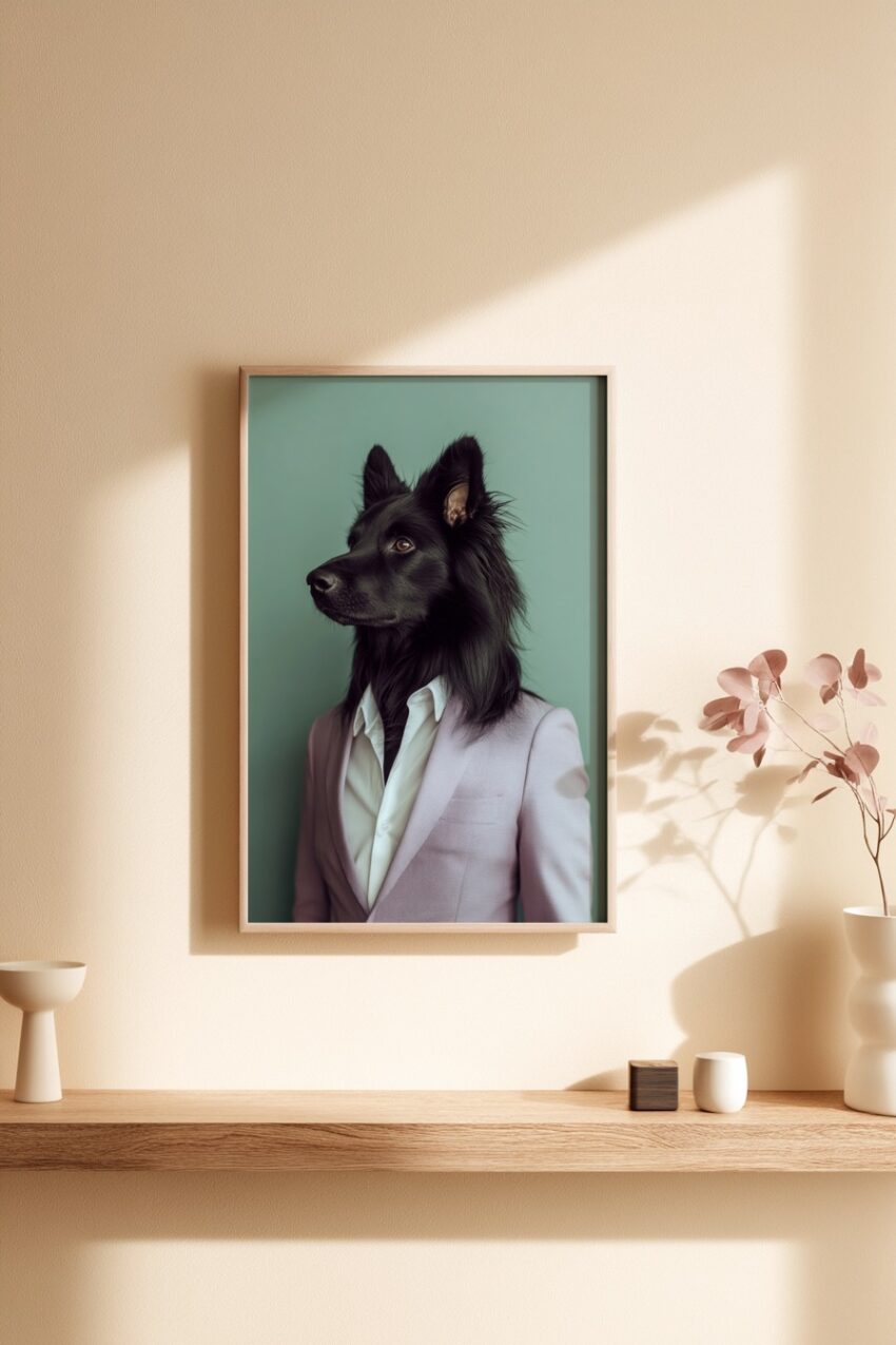 Fotografie eines schwarzhaarigen Hundes im pastellfarbenen Anzug auf beruhigendem Hintergrund, moderner Portrait Kunstdruck