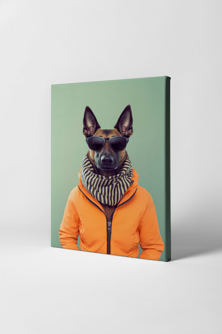Poster mit Hund in Sonnenbrille, Schal und orangener Jacke vor grünem Hintergrund, moderner Tierportrait Kunstdruck
