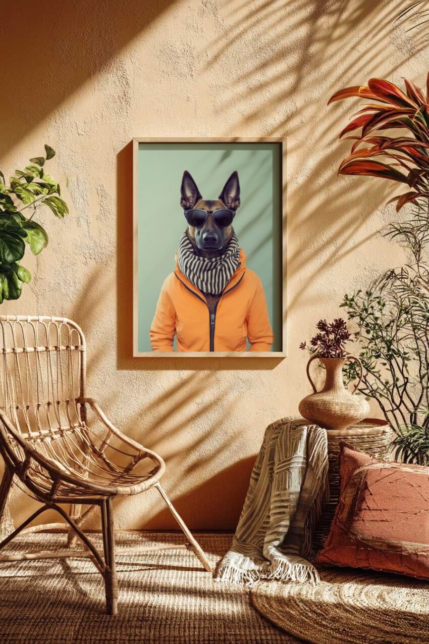 Poster mit Hund in Sonnenbrille, Schal und orangener Jacke vor grünem Hintergrund, moderner Tierportrait Kunstdruck
