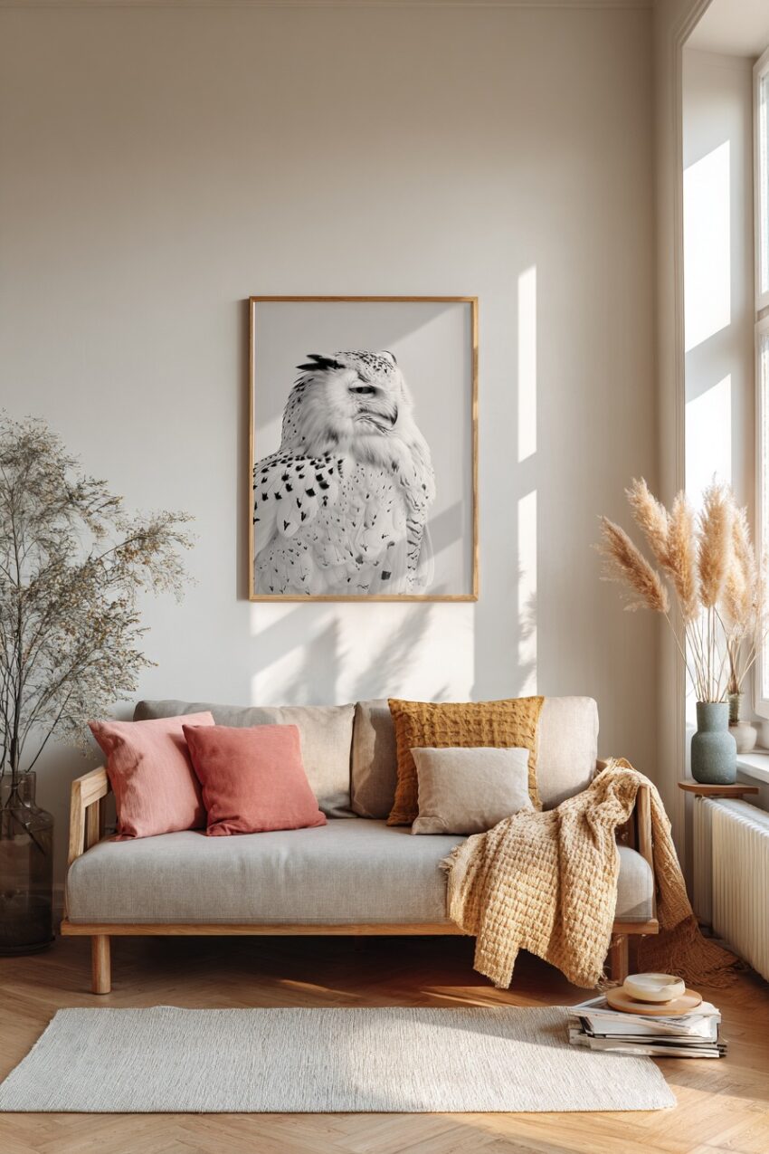 Schneeeule Poster in schwarz-weiß Nahaufnahme, detailreicher Tierportrait Kunstdruck, ruhige Natürlichkeit