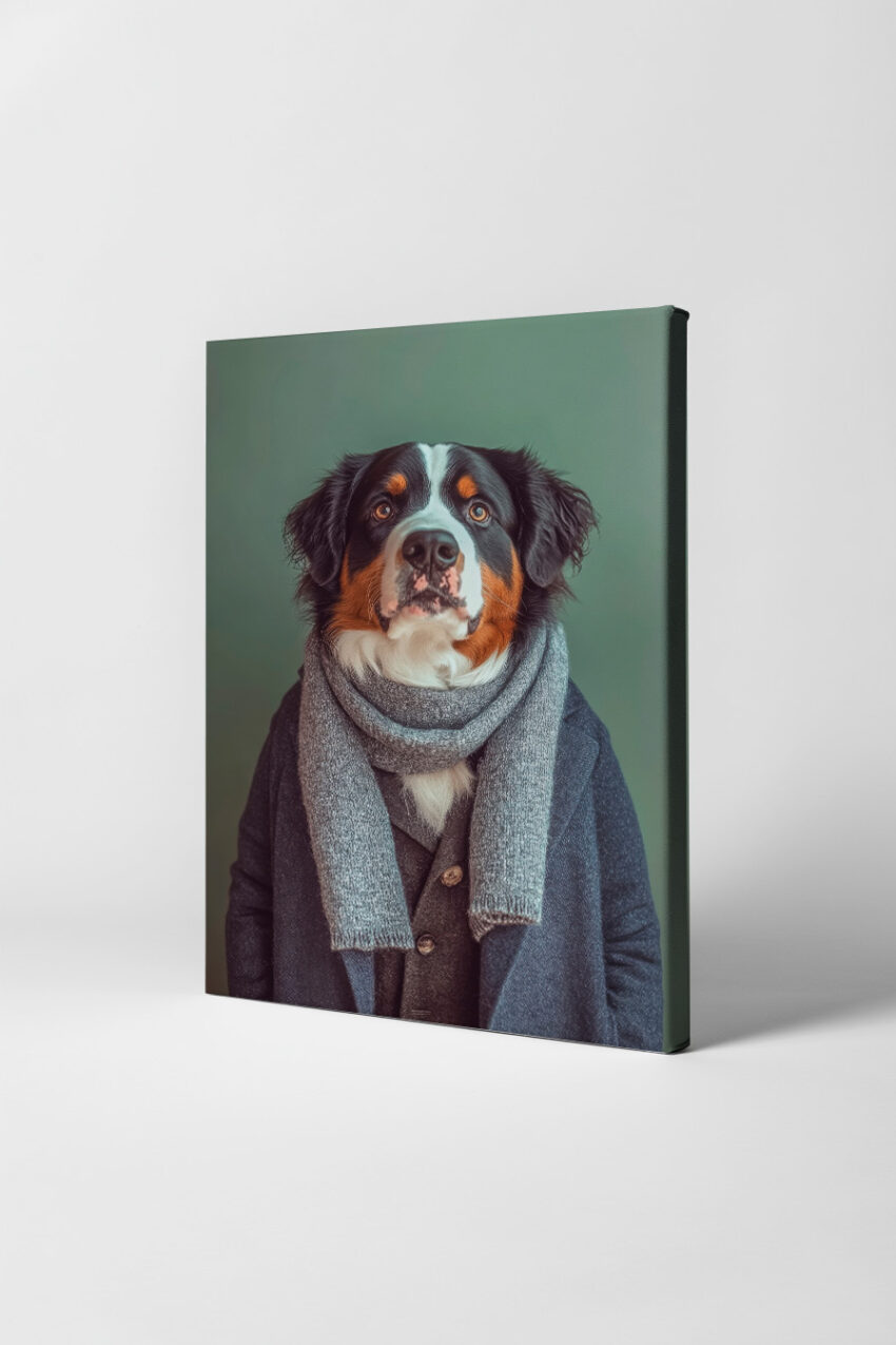 Poster mit Bernersennen Hund im Schal, naturnahes Tierportrait vor neutralem Hintergrund