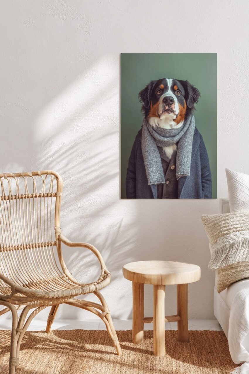 Poster mit Bernersennen Hund im Schal, naturnahes Tierportrait vor neutralem Hintergrund