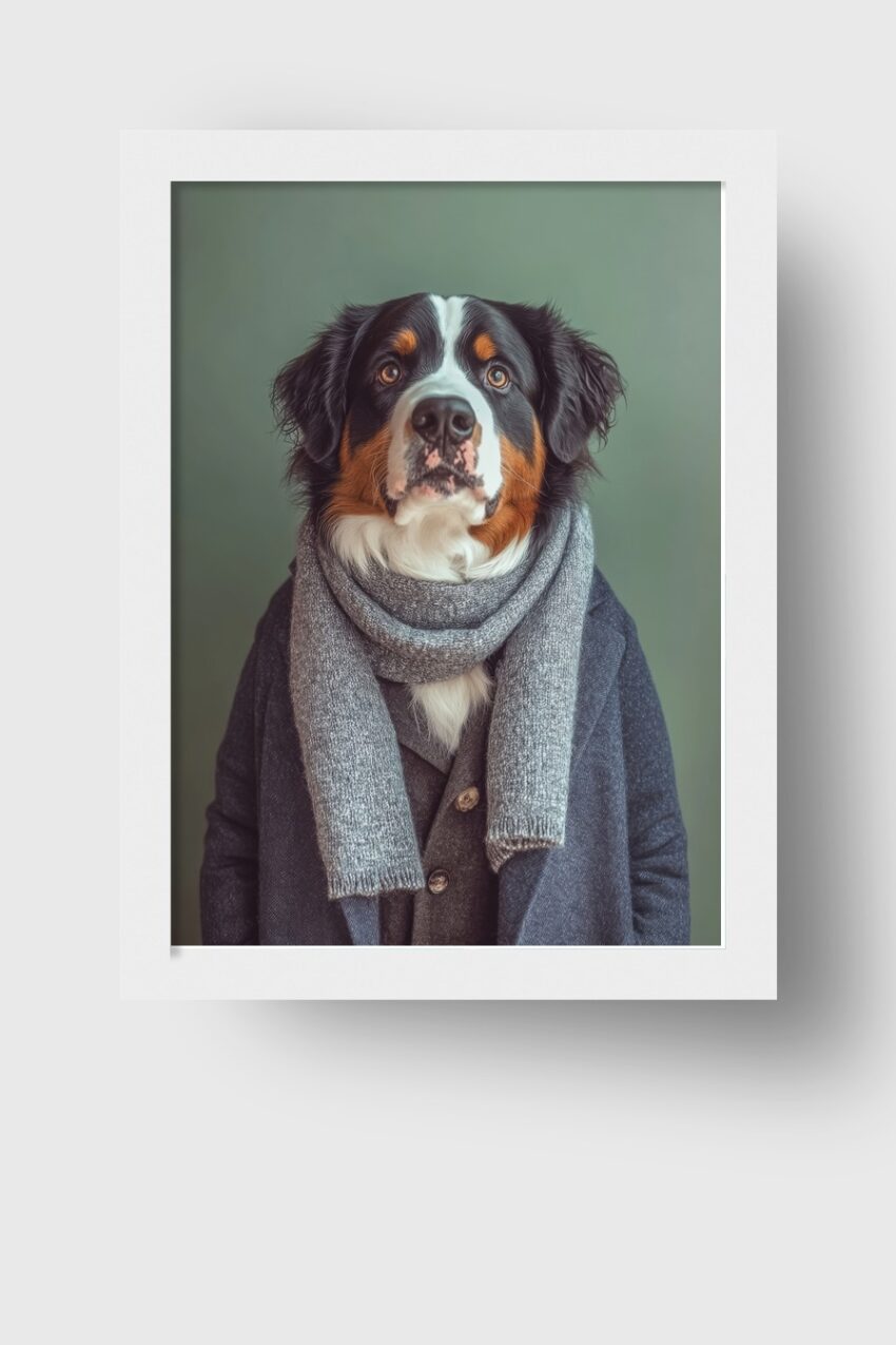 Poster mit Bernersennen Hund im Schal, naturnahes Tierportrait vor neutralem Hintergrund