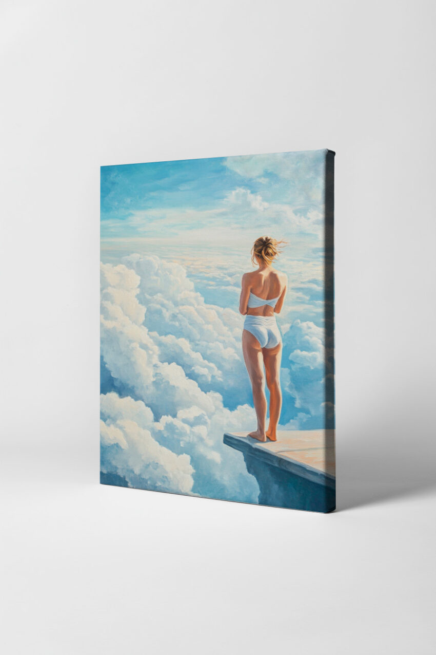 Kunstdruck eines Posters mit einer Frau in weißer Bekleidung, die auf einem Felsvorsprung steht und in ein Wolkenmeer blickt, naturalistisch gemalt in sanften Blau- und Weißtönen.