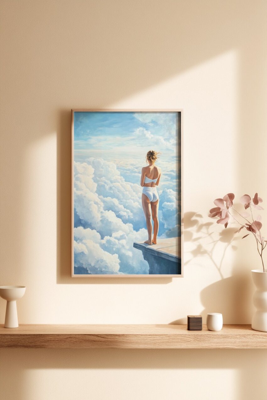 Kunstdruck eines Posters mit einer Frau in weißer Bekleidung, die auf einem Felsvorsprung steht und in ein Wolkenmeer blickt, naturalistisch gemalt in sanften Blau- und Weißtönen.